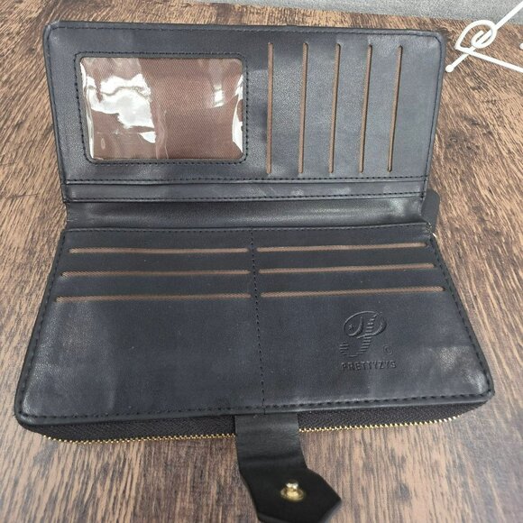 Prettyzys Faux Leather Wallet Black Gold Zip Card Slot ID Snap 2 Section Classic - Picture 9 of 13